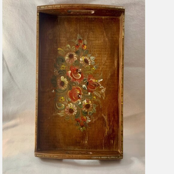 Vintage Norwegian Rosemaling Hand Painted Wooden Serving Tray Folk Art 19.5x11.5 - Picture 3 of 8